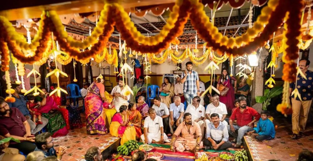 Family gathered for a traditional thread ceremony with marigold decoration